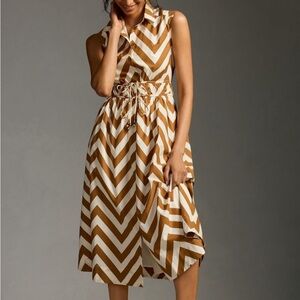 New Anthropologie Maeve Sleeveless Chevron Midi Shirt Dress Retro Fall Autumn S
